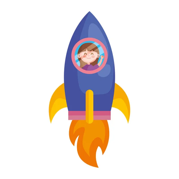 Happy cute little girl in rocket character — Stock Vector