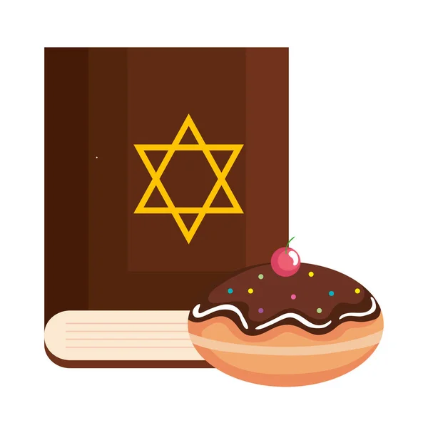 Yahudi altın yıldızı ve tatlı donutlu kutsal Yahudi antika kitabı. — Stok Vektör