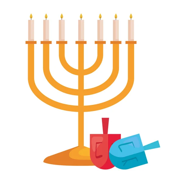 Lámpara de araña de hanukkah dorado con dreidels — Vector de stock
