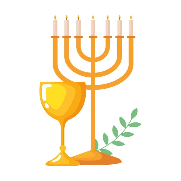 Lámpara de araña de hanukkah y cáliz dorado — Vector de stock