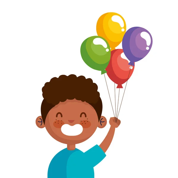 Söt afro liten pojke med ballonger helium karaktär — Stock vektor