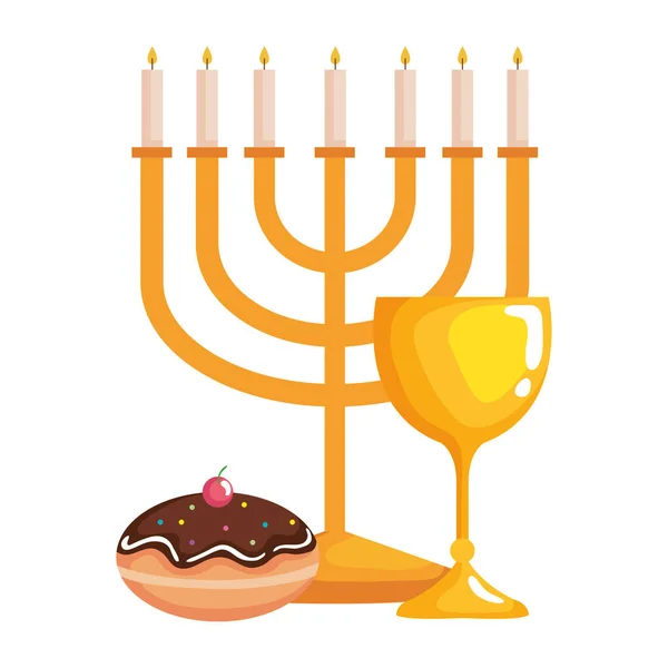 Lustre hanukkah dourado com cálice e donut doce —  Vetores de Stock