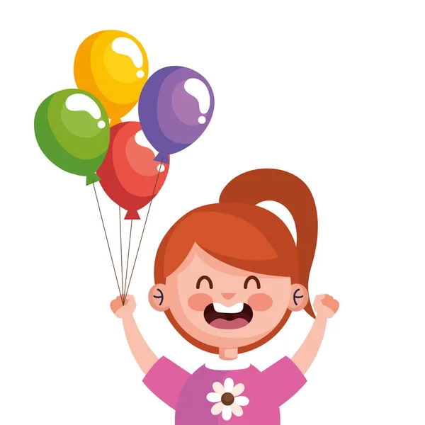 Feliz linda niña pelirroja con globos helio carácter — Vector de stock