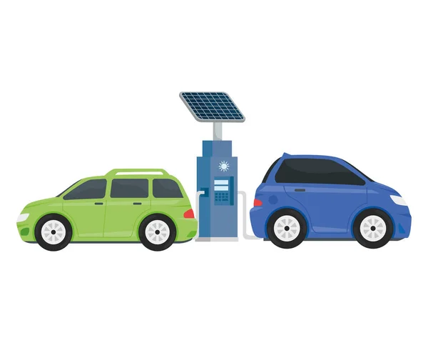 Stazione di servizio di ecologia elettrica con auto viola e verdi — Vettoriale Stock