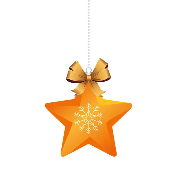 Natal estrela de ouro e fita arco pendurado ícone de decoração — Vetor de Stock