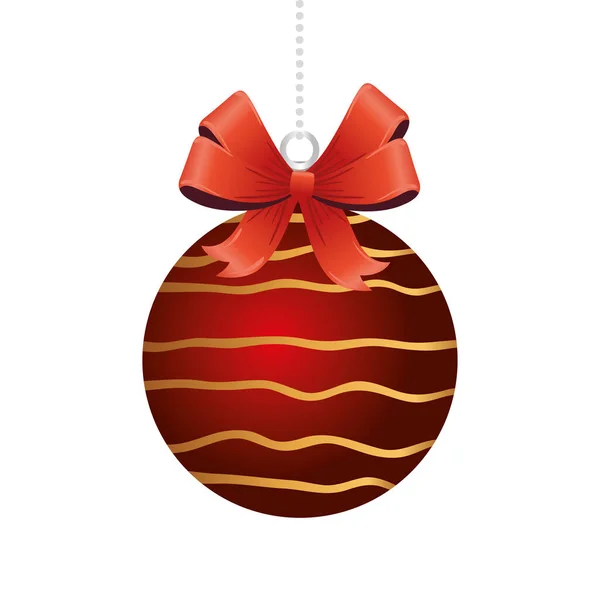 Щасливий веселий різдвяний червоний м'яч із золотими смугами та стрічкою — стоковий вектор