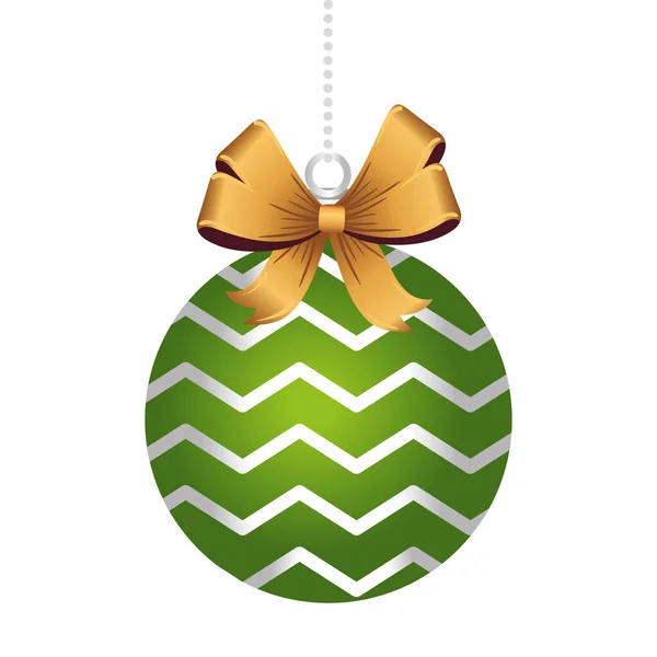 Щасливий веселий різдвяний зелений м'яч зі смужками і золотим бантом — стоковий вектор