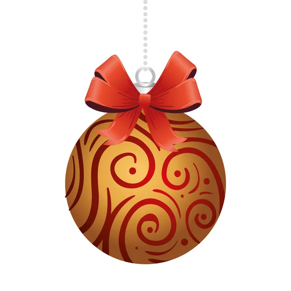 Wesołych Świąt piłka ze złotą dekoracją i czerwoną wstążką — Wektor stockowy