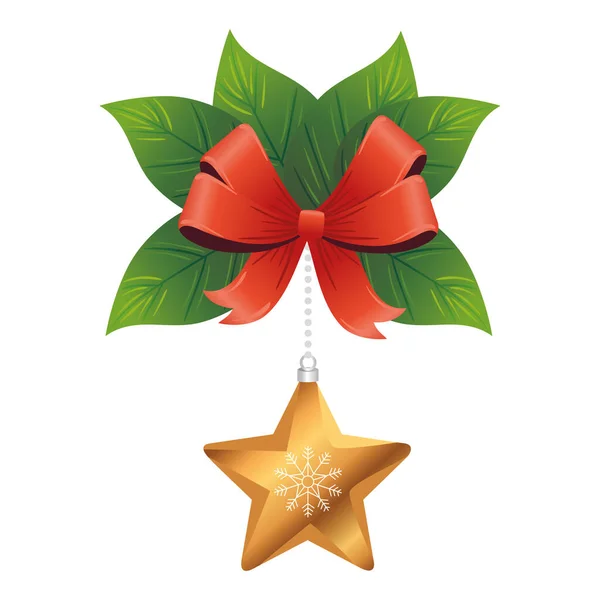 弓と葉で吊るされたクリスマスゴールデンスター — ストックベクタ