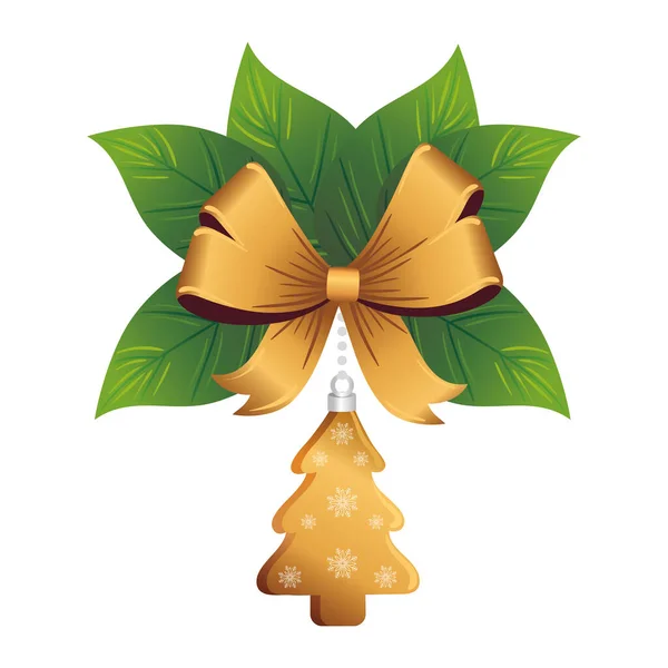 クリスマスの黄金の松の木と葉の装飾の弓 — ストックベクタ