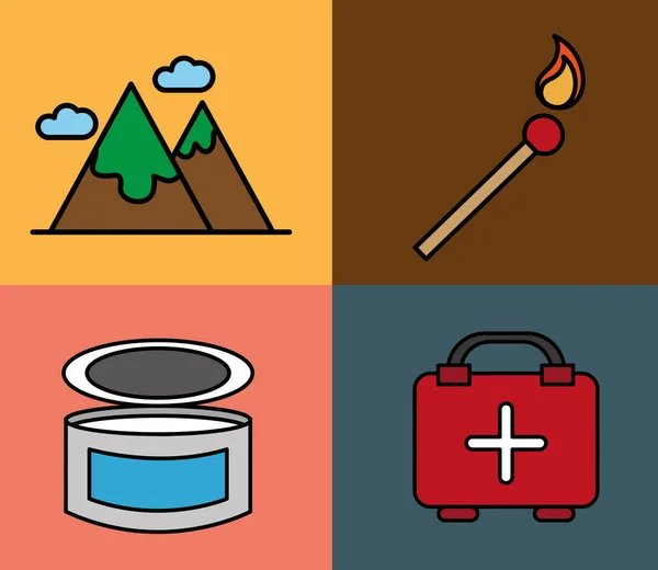 Bundle of four camping set line and fill icons — Stock Vector