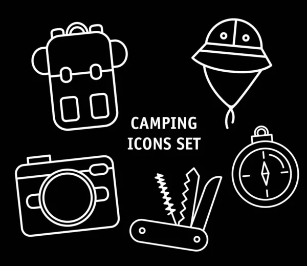 Paquet de cinq icônes ensemble de camping et lettrage — Image vectorielle