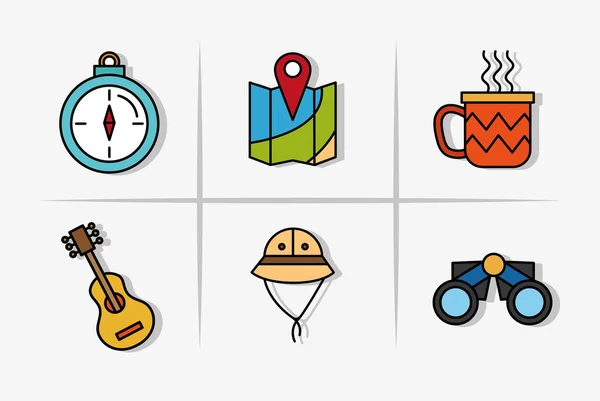 Paquete de seis acampada establecer línea y llenar iconos — Archivo Imágenes Vectoriales