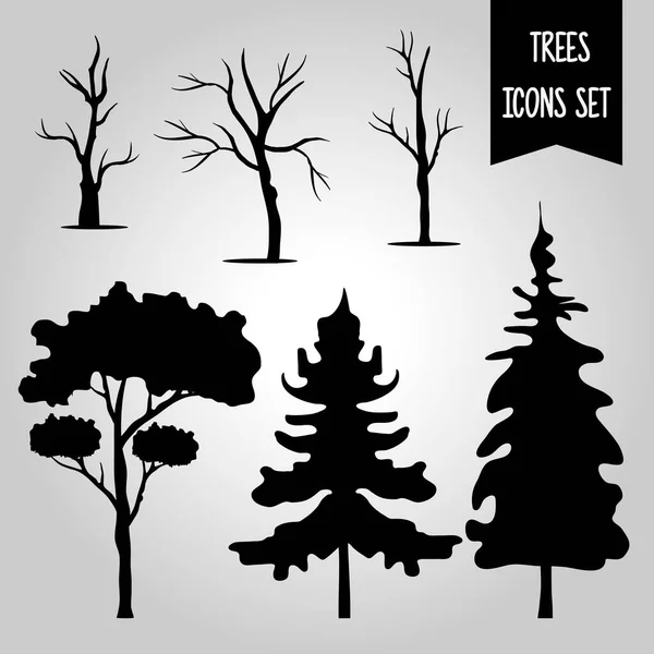 Bundle of six trees forest silhouette style icons and lettering in gray background — Stock Vector