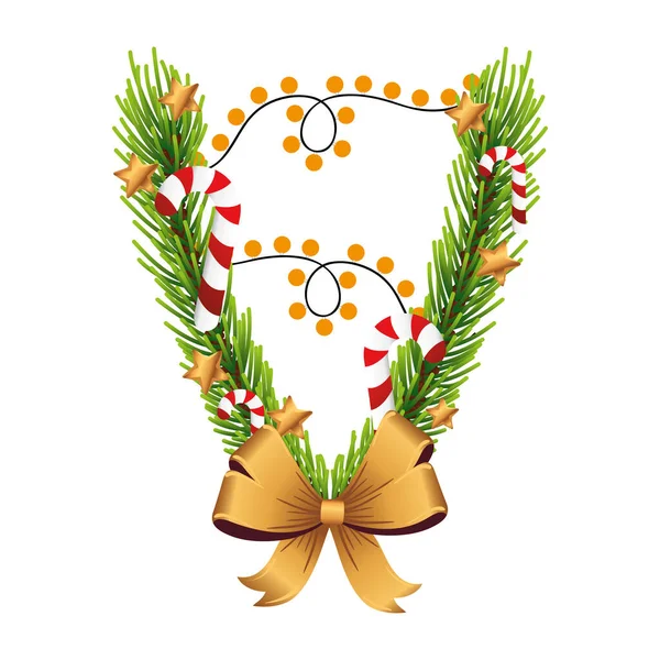 Fiocco d'oro natalizio con foglie di pino e luci — Vettoriale Stock