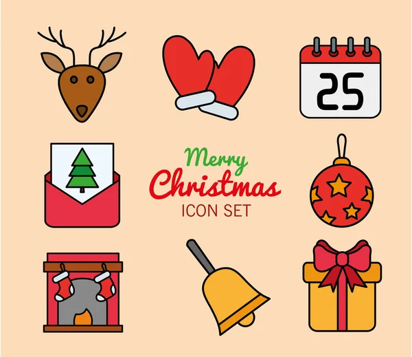 Bundle of eight christmas set line and fill icons with lettering — Stock Vector