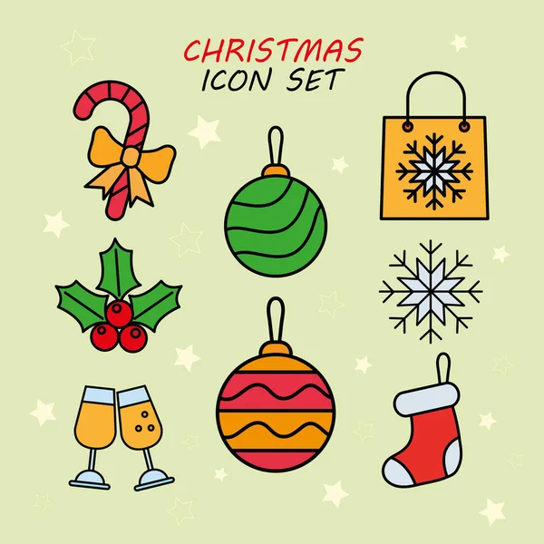 Bundle of eight christmas set line and fill icons with lettering in green background — Stock Vector