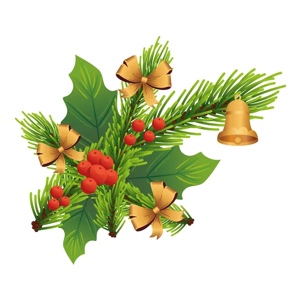 Feuilles décoratives de Noël avec cloches et rubans dorés — Image vectorielle