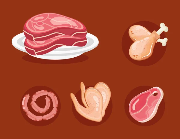 Delicioso fresco cinco productos de la carnicería — Vector de stock