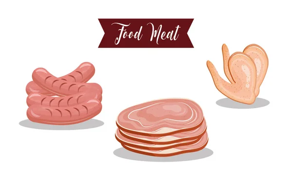 Köstliche frische drei Fleischerzeugnisse und Schriftzug — Stockvektor