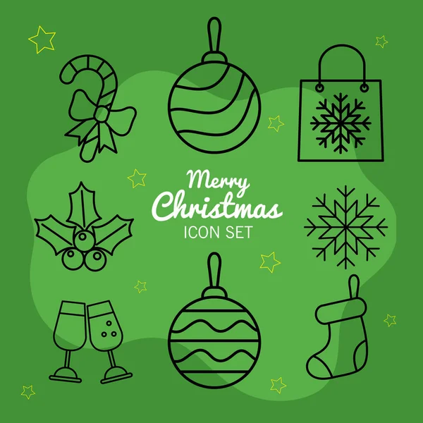 Zestaw ośmiu ikon świątecznych z napisem w zielonym tle — Wektor stockowy