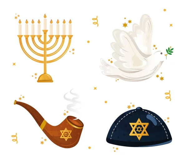 Paquete de cuatro iconos de conjunto de hanukkah — Vector de stock