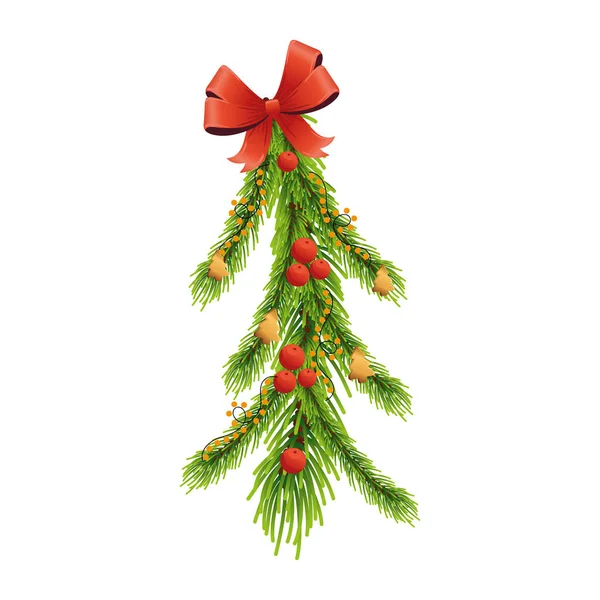 Gelukkig vrolijk kerstmis bladeren dennenboom en rode strik — Stockvector