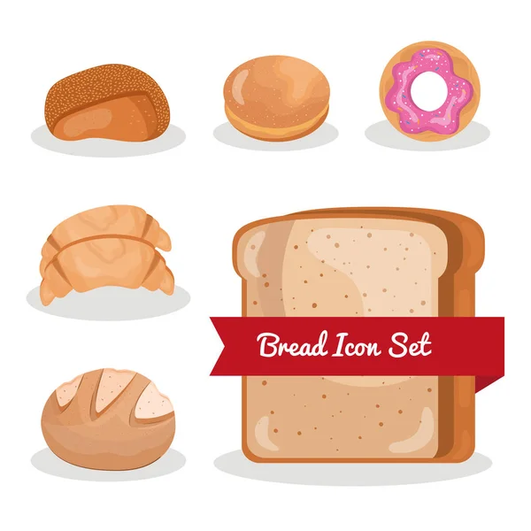 Hat kenyér finom tészta termékek és betűk szalaggal — Stock Vector