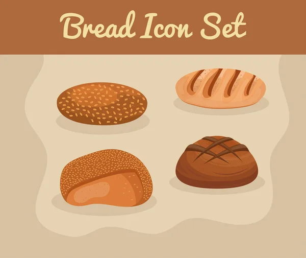 Четыре хлеба вкусные и кондитерские изделия надписи — стоковый вектор