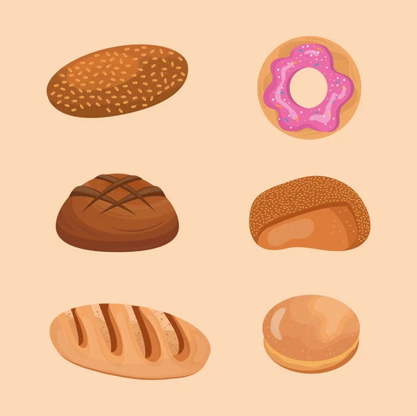 Seis panes deliciosos productos de pastelería iconos — Vector de stock