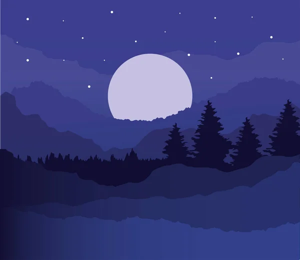 Paisaje de pinos y la luna en el diseño de vectores de fondo púrpura — Vector de stock