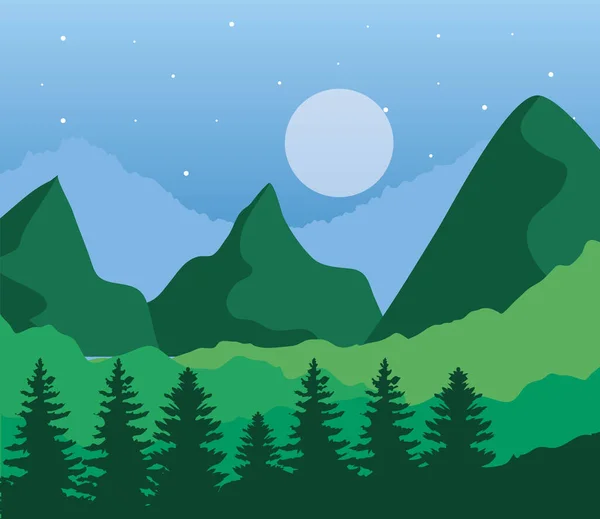 Landschaft von Bergen und Mond auf grünem Hintergrund Vektor-Design — Stockvektor