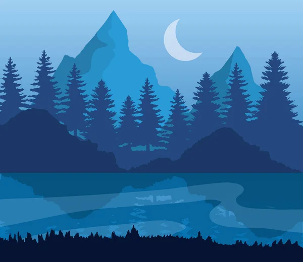 Krajina hor jezero borovice a měsíc na modrém pozadí vektor design — Stockový vektor