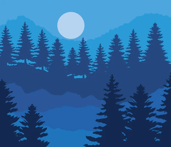 Paisaje de pinos y luna sobre fondo azul diseño vectorial — Vector de stock