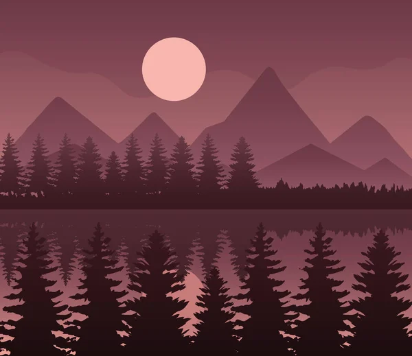 Landschaft der Berge Seekiefern und Mond auf braunem Hintergrund Vektor-Design — Stockvektor