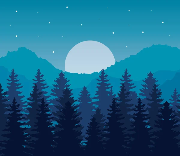 Landschaft von Kiefern und Mond auf blauem Hintergrund Vektor-Design — Stockvektor