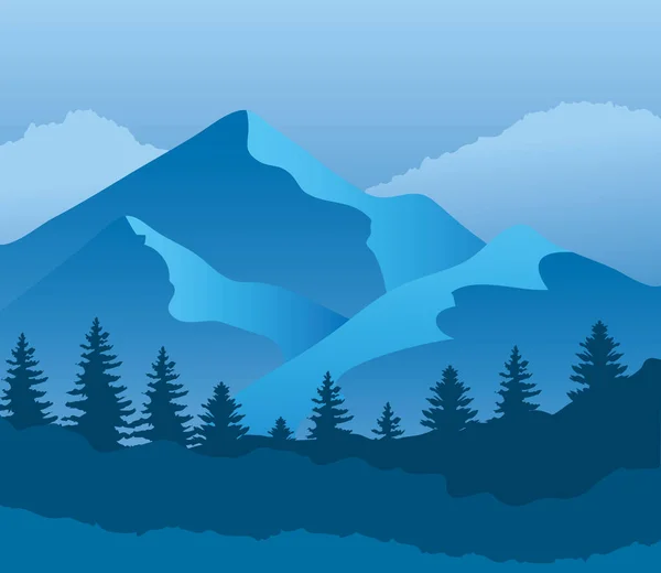 Landscape of mountains and pine trees on blue background vector design — Stock Illustration Landscape of mountains and pine trees on blue background vector design Stock Vector