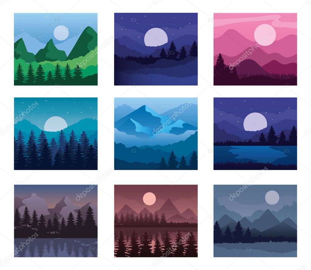 Landscape of mountains and pine trees frames symbol set vector design