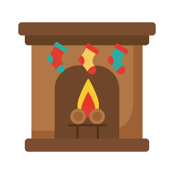 Joyeux Noël cheminée et chaussettes suspendues icône de style plat — Image vectorielle
