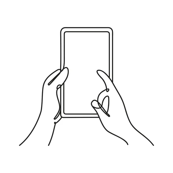 Ruce pomocí smartphone jeden řádek styl ikony — Stockový vektor