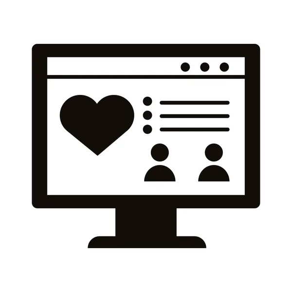 Desktop com coração amor ícone estilo bloco — Vetor de Stock