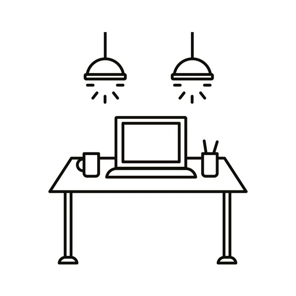 Posto di lavoro che coworking con il computer portatile nell'icona di stile della linea della tabella — Vettoriale Stock