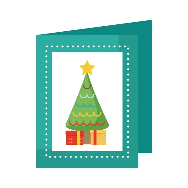 Happy merry christmas card with pine tree flat style icon — Stock Vector