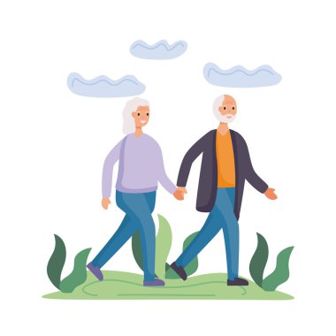 Kamptaki karakterlerle yürüyen yaşlı çiftler.
