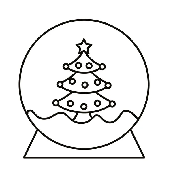 Happy merry christmas pine tree in snowy sphere line style icon — 스톡 벡터