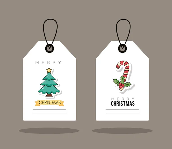 Etiquetas de venta de Navidad colgando con pino y caña — Archivo Imágenes Vectoriales
