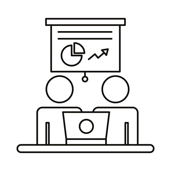 Avatar coppia di lavoro in laptop e statistiche coworking line style icon — Vettoriale Stock