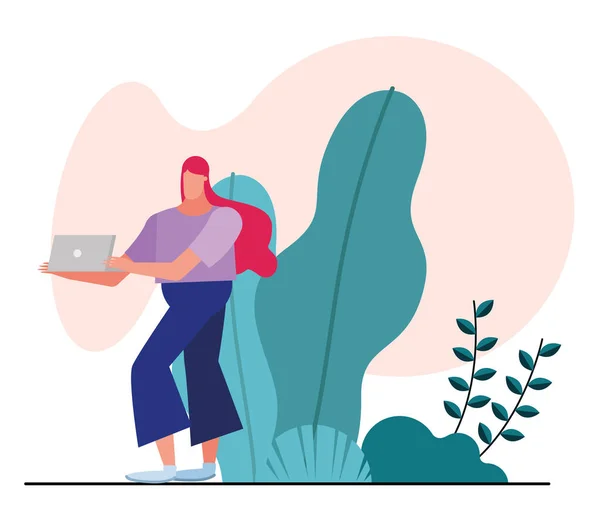 Junge Frau mit Laptop-Charakter in der Landschaft — Stockvektor