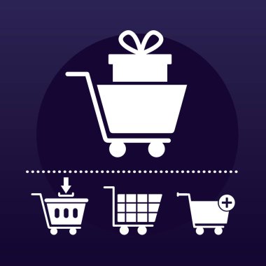 Gri arkaplanda dört alışveriş arabasının çizgi simgesi