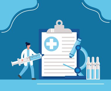 Kadın doktorun şırınga ve laboratuvar simgelerini kaldırdığı covid19 aşı posteri